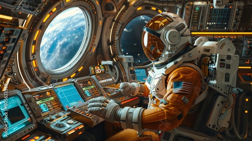 Visualize a cosmic comedy in space exploration where futuristic technologies go hilariously wrong through CG 3D rendering Render a scene of astronauts interacting with high-tech gadgets in a light-hea photo