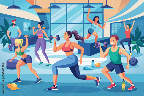 Illustration of a diverse group of people participating in various exercises in a brightly colored gym with large windows and plants. Some are lifting weights