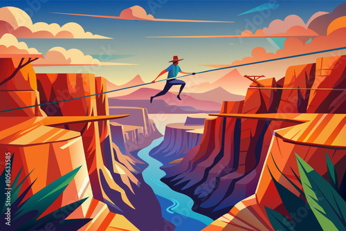 A stylized illustration of a man tightrope walking across a canyon, using a balancing pole, with dramatic cliffs and a winding river below under a colorful sunset sky.
