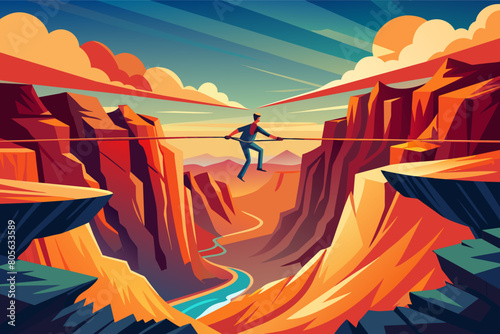 A stylized illustration of a man tightrope walking across a canyon, using a balancing pole, with dramatic cliffs and a winding river below under a colorful sunset sky. photo