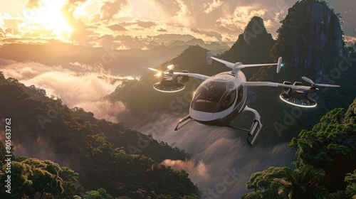 EVTOL Electric Vertical Take Off and Landing Aircraft Flying Through Beautiful Landscape At Dawn photo
