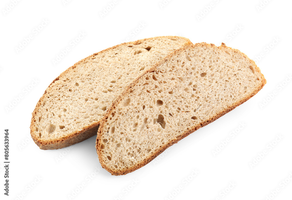 Slices of freshly baked sourdough bread isolated on white Slices of freshly baked sourdough bread isolated on white