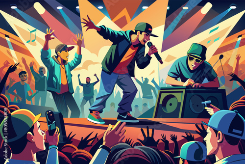 Illustration of two male rap artists performing energetically on speakers in front of an excited crowd at an outdoor hip hop concert, with a dynamic, colorful background showcasing a sunset motif.