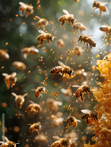 close up view of the working bees on honey cells  © A2Z AI 