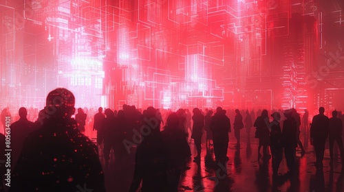 People walking through a red tunnel.