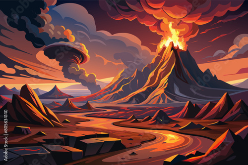 A dramatic volcanic landscape, with steaming vents and jagged lava formations illustration photo