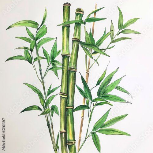 Painting of a bamboo plant. It has green leaves on a white background