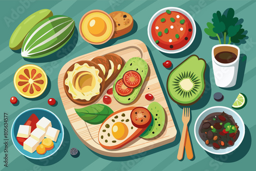 A DIY avocado toast bar complete with assorted bread, avocado mash, and an array of toppings, offering a trendy and customizable breakfast option