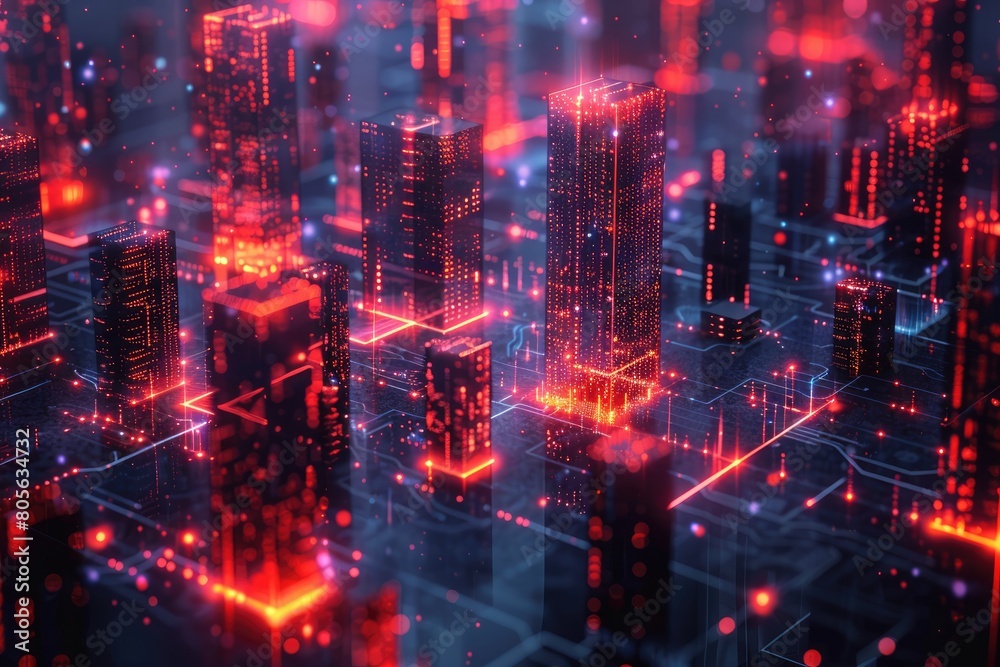 The AI-generated photo shows a futuristic city with skyscrapers and a glowing network of lights. The AI-generated photo shows a futuristic city with skyscrapers and a glowing network of lights.