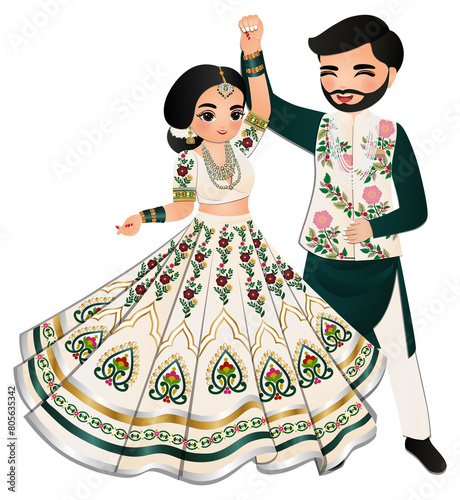 Cute couple  dance in traditional indian dress cartoon characters bride and groom