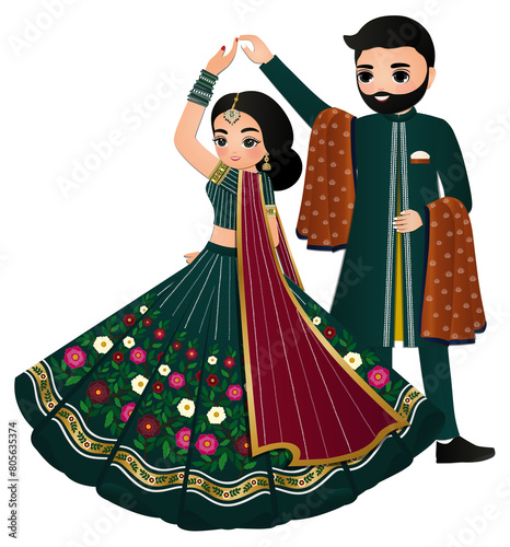 Cute couple  dance in traditional indian dress cartoon characters bride and groom