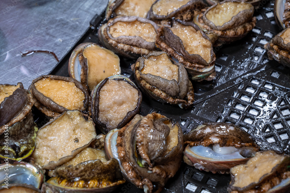 Close up of fresh abalone at the fish market - Qingdao Seafood Market,China Close up of fresh abalone at the fish market - Qingdao Seafood Market,China
