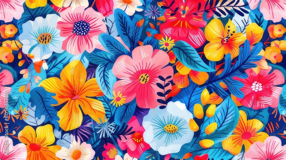 Cheerful Creativity Vibrant Floral Design in Playful Children's Style Pattern Background
