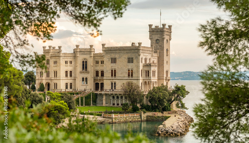 Panorama of the Miramare Castle at the Adriatic sea coast in Italy © Mazur Travel