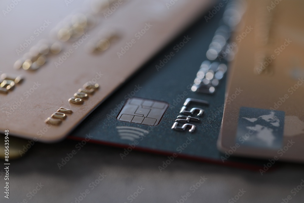Plastic credit cards on table, macro view Plastic credit cards on table, macro view