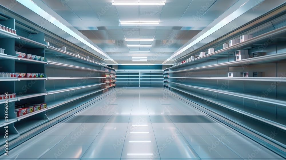Empty shopping aisle with shelves and blank banner, sales & marketing