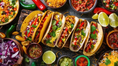 Flavorful Fiesta Colorful Tacos on Rustic Table Highlight Traditional Mexican Food Delights 
