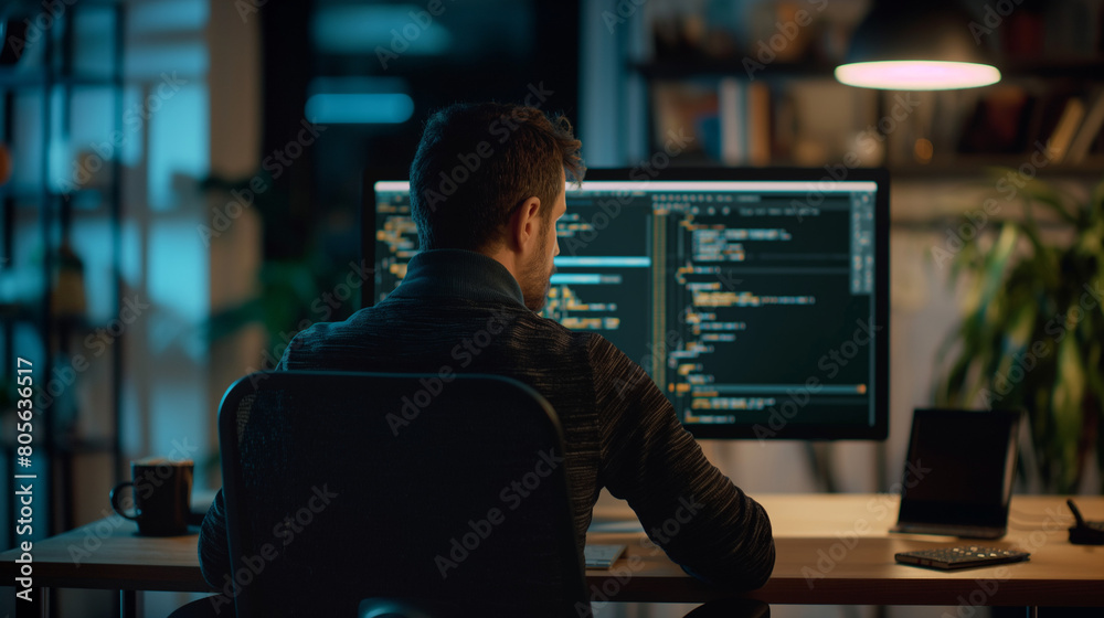 Over-the-shoulder view of a computer screen displaying complex programming code Over-the-shoulder view of a computer screen displaying complex programming code
