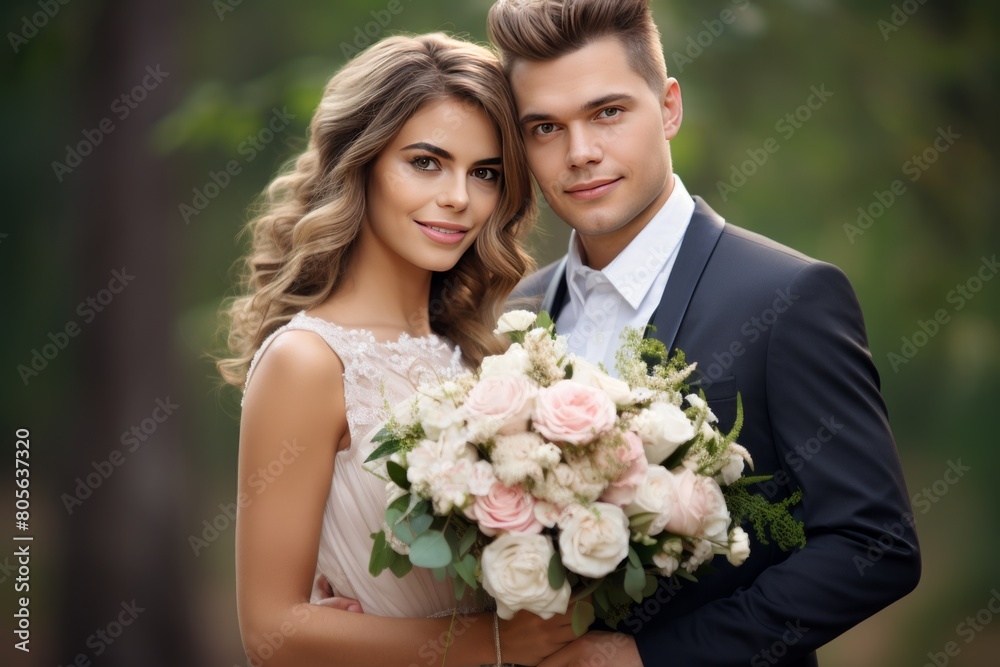 bride and groom wedding couple with a bouquet of flowers