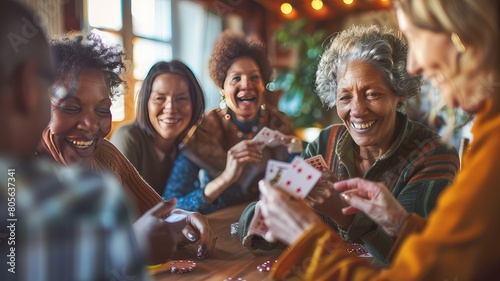 Joyful Connections Multiracial Seniors Have Fun Playing Cards in Geriatric Clinic/Nursing Home, Emphasizing Social Interaction 
