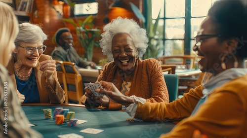 Joyful Connections Multiracial Seniors Have Fun Playing Cards in Geriatric Clinic/Nursing Home, Emphasizing Social Interaction
 photo
