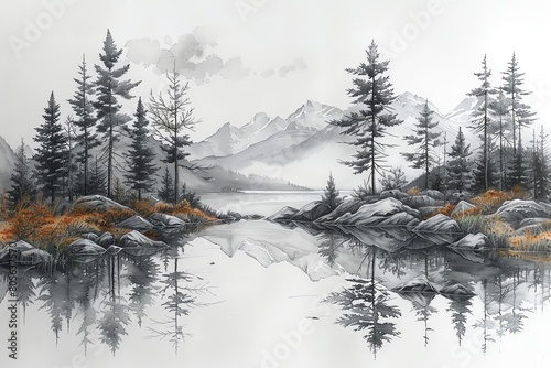 Illustrate the serenity of wilderness camping through detailed pen and ink craftsmanship, exploring the harmony between nature and solitude
