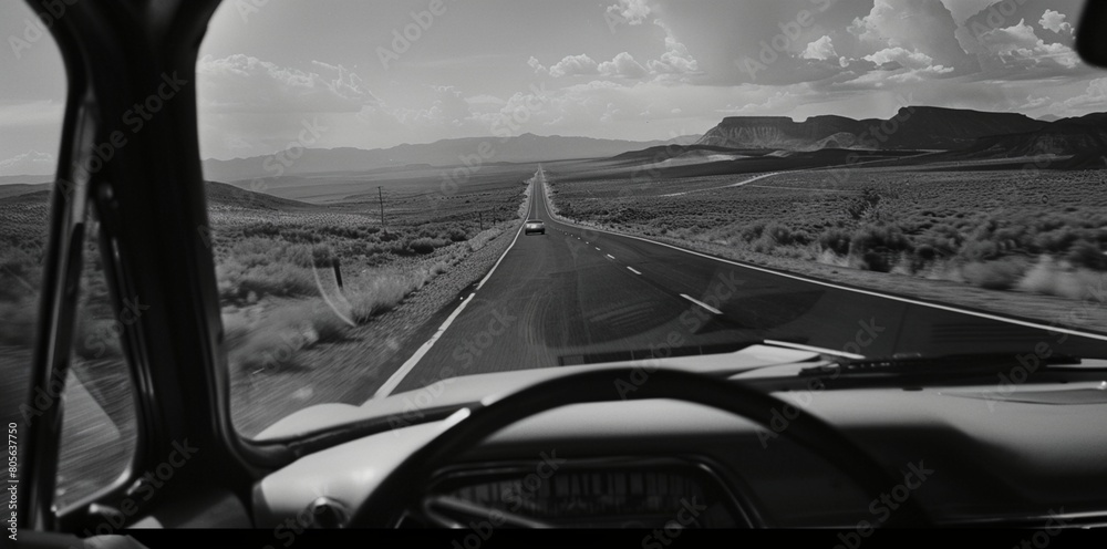 a car driving down a road in the desert with mountains in the background and clouds in the sky above..