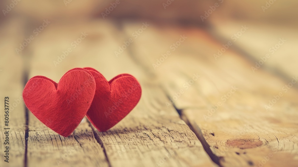 two red hearts sitting on a wooden table together two red hearts sitting on a wooden table together