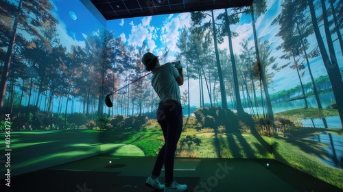 Virtual Golf Experience Golf Sphere on Tee Inside Simulator Offers Realistic and Immersive Practice Environment
 photo