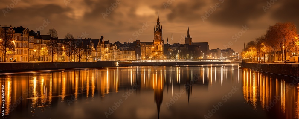 Naklejka premium a city with a river and a bridge at night time with lights reflecting in the water