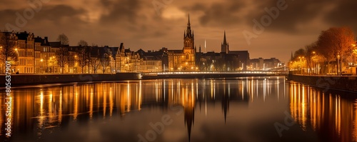 a city with a river and a bridge at night time with lights reflecting in the water