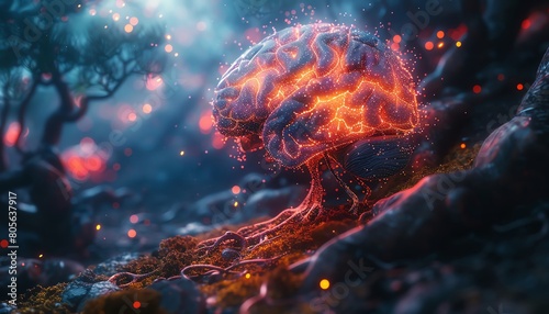 Imagine a surreal scene where a digital glitched brain with neural pathways intertwining is viewed from an unexpected angle, rendered in CG 3D with vibrant colors © Phata