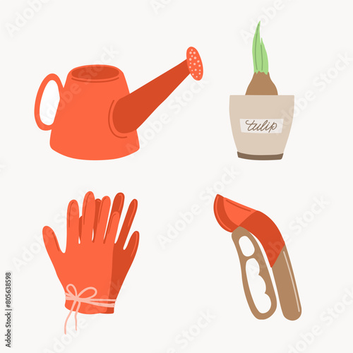 Gardening tools, equipments set in hand drawn style. Watering can, gloves, pruner. Trendy doodle style. Flat vector illustration isolated on white background.