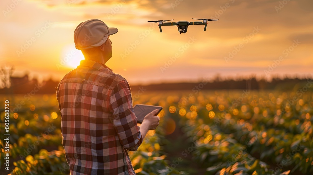 Digital Agriculture: Farmer using drones and sensors to monitor crops and make data-driven decisions for crop management. Digital Agriculture: Farmer using drones and sensors to monitor crops and make data-driven decisions for crop management.