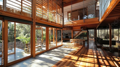 Wallpaper Mural Double-Decker Timber House: A picturesque two-story residence showcasing timeless architectural beauty. Torontodigital.ca