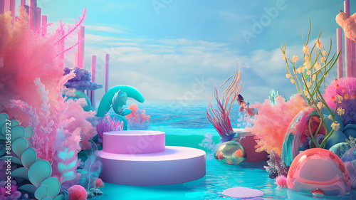 marine theme scene design with round podium   bright and colorful underwater Sea beach scene Dream-core Compositions Surrealist. .Coral reef   seaweed starfish  and undersea life