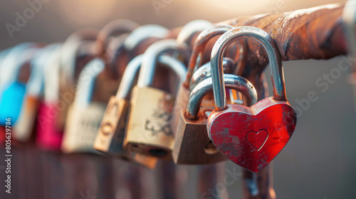 close-up of love locks on the bridge. The padlock as a symbol of love and affection photo