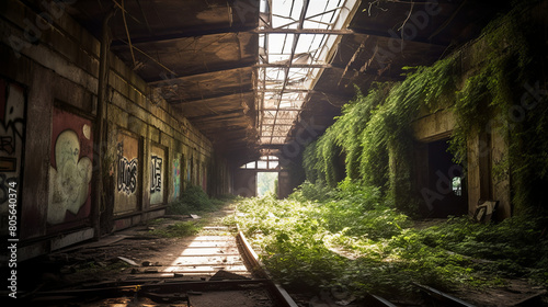 An abandoned subway station overrun by nature, vines crawling over rusted tracks and cracked tiles, beams of sunlight filtering through the ceiling, conveying a sense of eerie tranquility, Photography