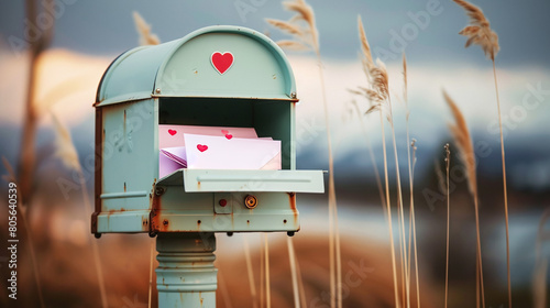 open classic pastel teal mailbox with stack of love letters inside photo