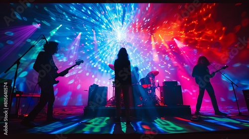 Live Music Experience: Silhouettes of performers against a backdrop of colorful stage lights.