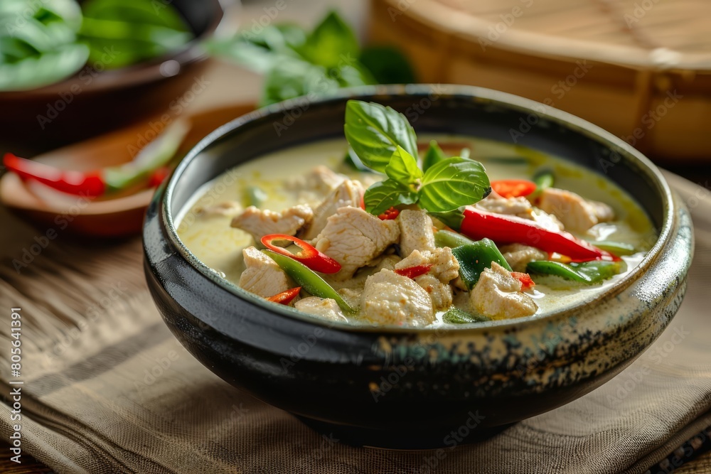 Dive into a bowl of creamy Thai green curry, freshly made and aromatic, with a solid background and copy space on center for advertise