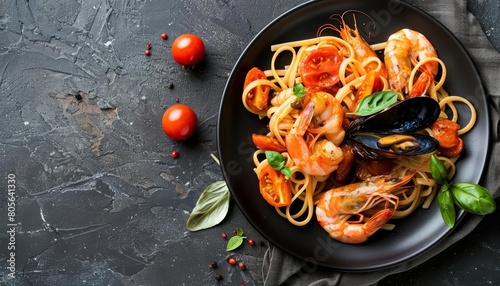 Discover the rich flavors of Italian cuisine with a plate of sauteed seafood pasta, with a solid background and copy space on center for advertise