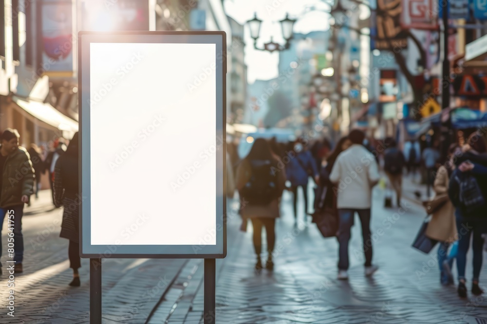 © JK_kyoto - In the heart of a busy blur in the city, the creative white blank mockup acts as a modern art piece, white blank poster billboard Sharpen with large copy space