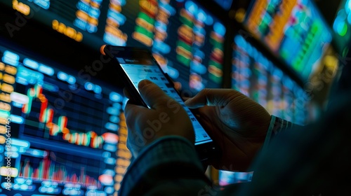 Real-Time Trading: A trader monitoring live stock prices and executing buy or sell orders through a mobile app. photo