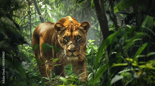 Safari Scene: A powerful lioness stealthily tracking its prey through the dense jungle.