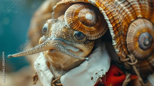 Presenting a closeup halfbody of a charismatic mollusk in a sailors outfit photo