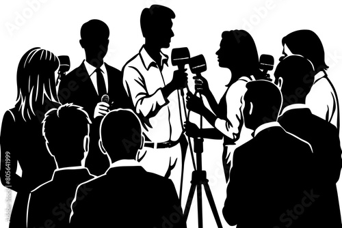 Press conference. Hands holding microphones and digital voice recorders. Rostrum, tribune with microphones_