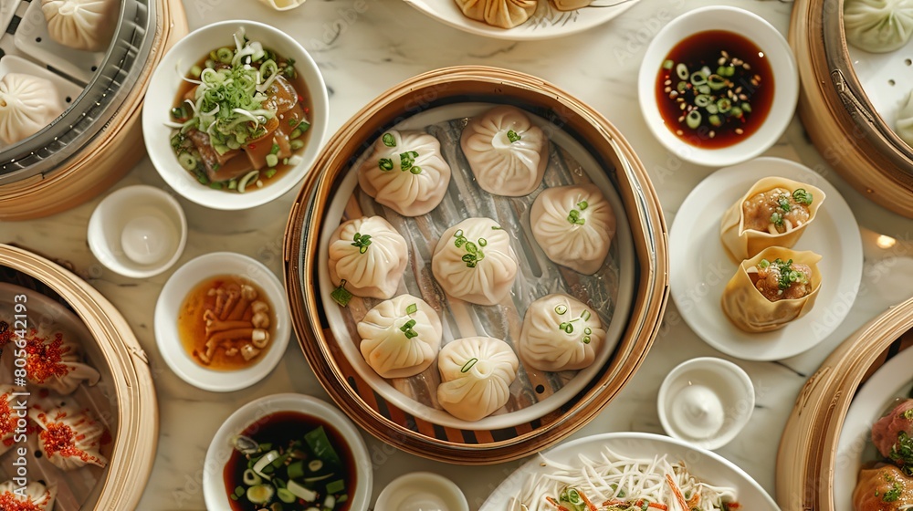 Savory Dim Sum: Steaming hot dumplings served with tangy soy-based dipping sauce, a popular choice for dim sum lovers.
