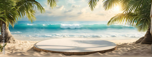  Beach podium summer background sand product 3D sea display platform. Beach podium summer banner stand scene sale sky holiday vacation stage water island sun travel pedestal promotion presentation ad.