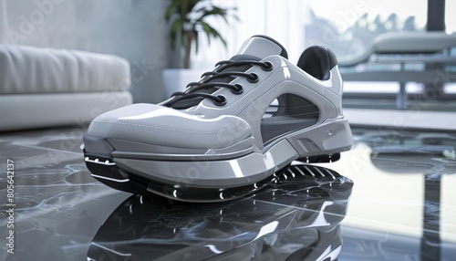 Shoes with builtin vacuum soles that clean the floor as you walk, combining cleanliness with convenience, Sharpen close up strange style hitech ultrafashionable concept photo